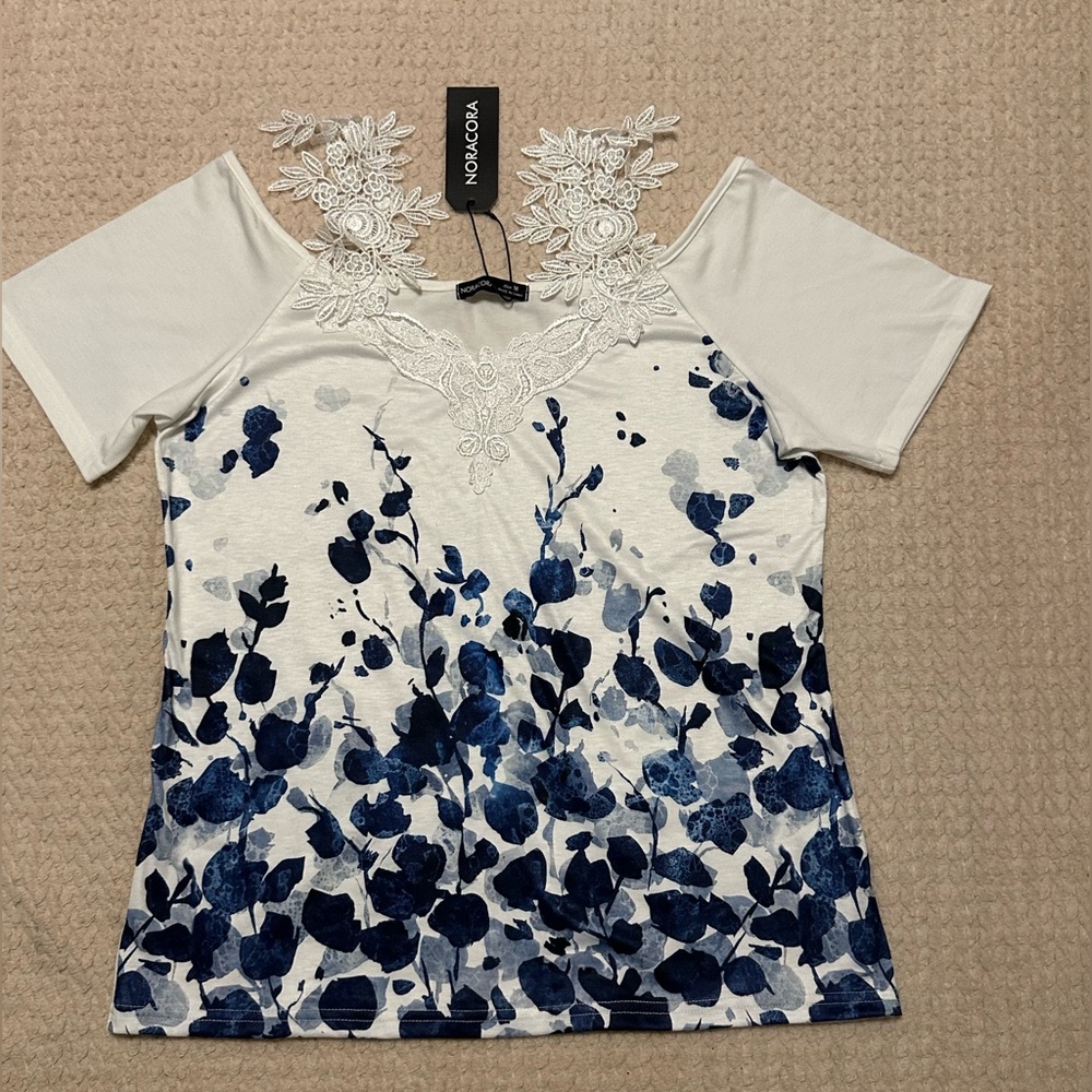Off Shoulder White and Blue Floral Lace-Embellished Blouse